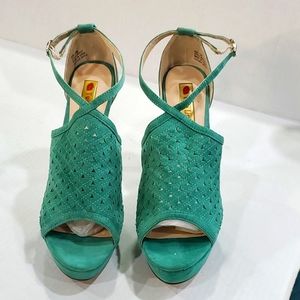 Two Lips platform green suede ankle wrap heels